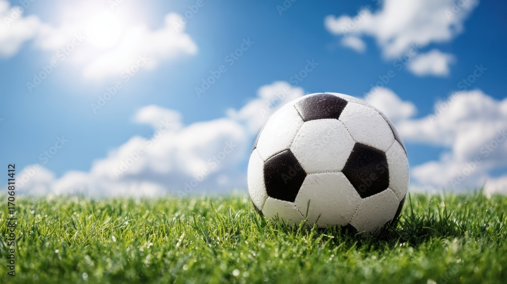 Fototapeta premium Soccer ball on grassy field under a vibrant blue sky