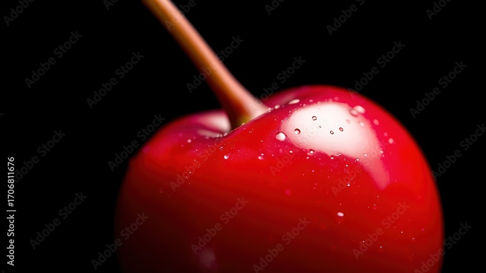 Obraz premium Macro shot of a ripe cherry with water droplets, vibrant red against a dark background, emphasizing freshness.