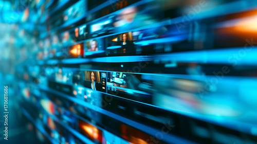 Digital video stream interface with multiple moving screens displaying content in a futuristic layout