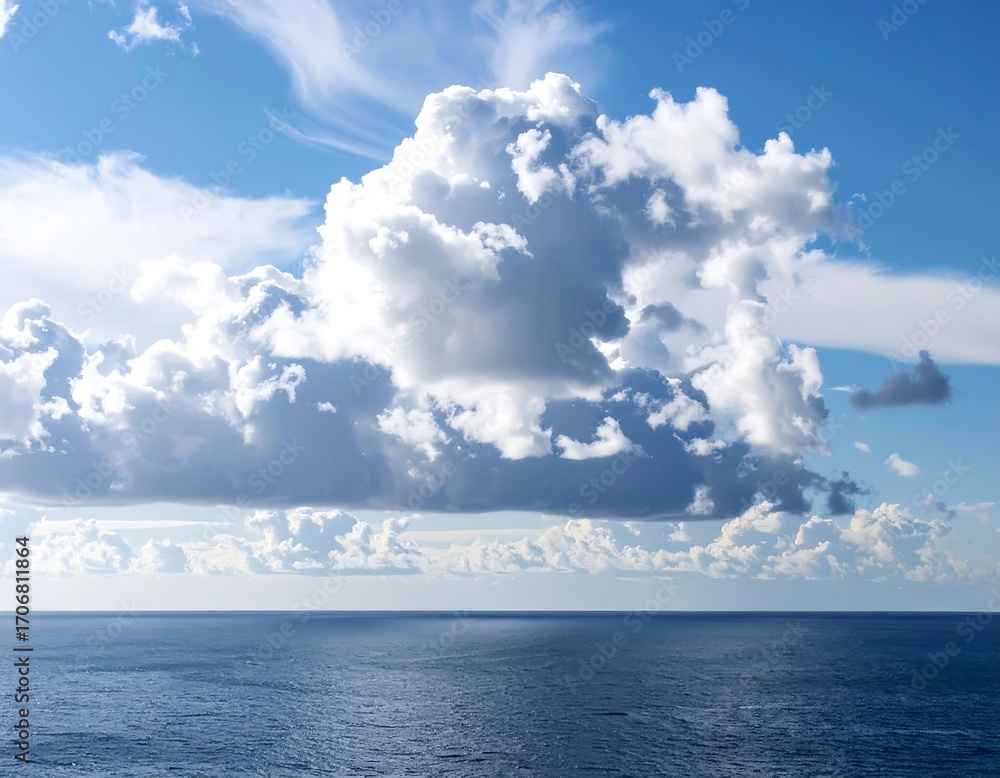 Naklejka premium Vast ocean and fluffy clouds against a bright sky