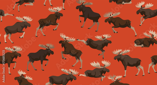 A vibrant pattern featuring numerous moose in various playful poses against a rich orange background.