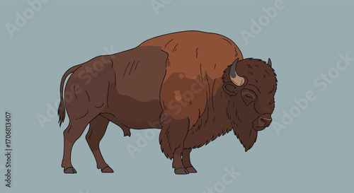 A majestic bison stands stoically against a muted background showcasing its impressive stature and thick brown coat.