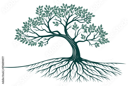 Tree with lush green branches and visible deep roots on white background