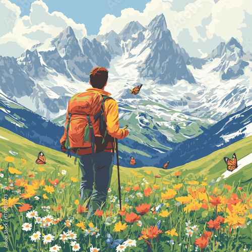 Backpacker admiring butterflies in a colorful alpine meadow with snow-covered mountains in the background , vector style simple color