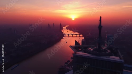 City Skyline at Sunset over River