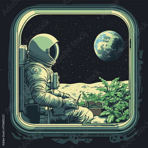 Astronauts farming in space greenhouse with Earth visible from lunar base window , vector style simple color