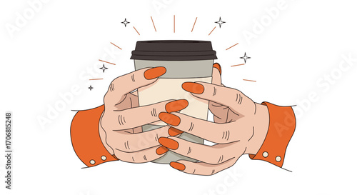 Two pairs of hands holding a to-go coffee cup in a warm embrace.