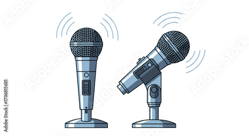 Two silver microphones with sound waves emanating from them. The microphones are rendered in a pixel art style with clear lines and blocky shading.