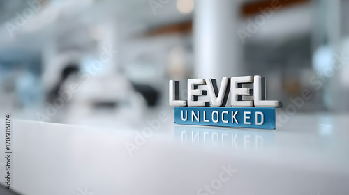 a level unlocked inscription. A cool 3D rendering, set on a clean desk, evokes feelings of accomplishment and progress