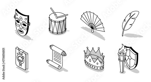 A set of eight black and white isometric icons for theatre and history, including a mask, drum, fan, quill, scroll, crown, and torch