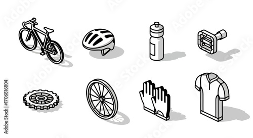 A set of eight black and white isometric icons depicting cycling equipment, including a bicycle, helmet, gloves, and jersey