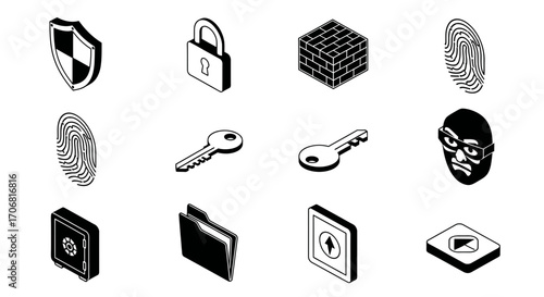 A comprehensive set of isometric black and white icons for digital security, data protection, and privacy solutions