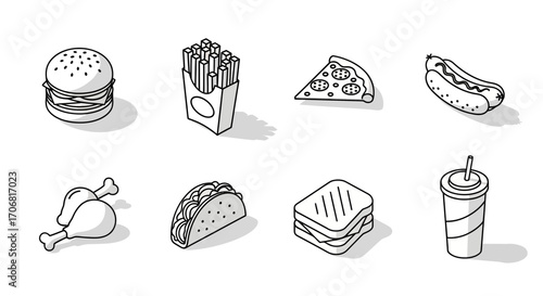 Vector illustration set of popular fast food items in a clean black and white isometric line art style for menus and design