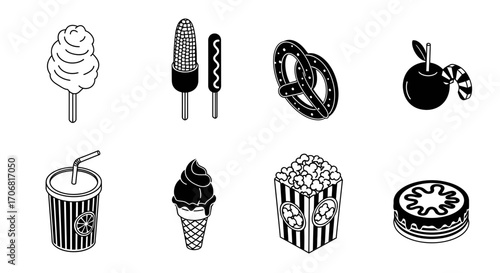 A set of monochrome isometric icons depicting fairground food such as popcorn, cotton candy, and ice cream on a clean background