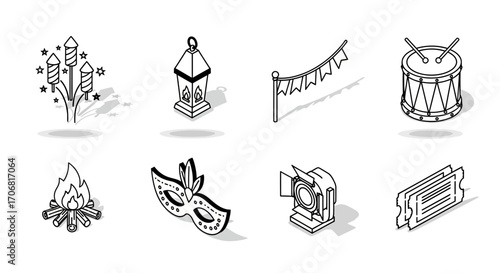 A collection of eight black and white isometric icons for festivals and celebrations, including fireworks, a mask, and a spotlight