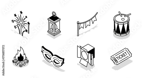 Isometric Party Icons Festive Celebration Symbols
