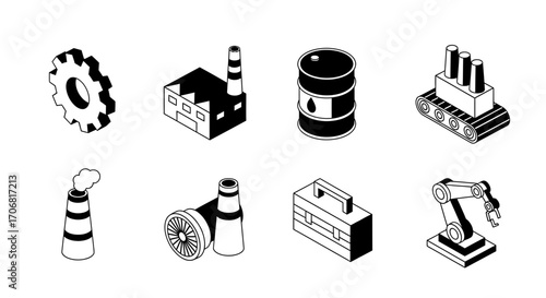 A set of eight black and white isometric icons representing industrial manufacturing, including a factory, gear, and robotic arm