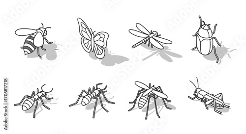 A set of eight monochrome insect icons in an isometric thin line style, including a bee, butterfly, and ant