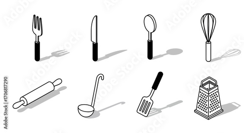Isometric Kitchen Utensil Icons Fork, Knife, Spoon, Whisk, Rolling Pin, Ladle, Spatula, Grater