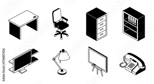 Isometric illustration of office furniture and equipment in black and white