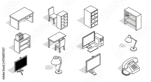 Set of eight black and white isometric office furniture icons desks, chairs, filing cabinets, and shelves on a white background