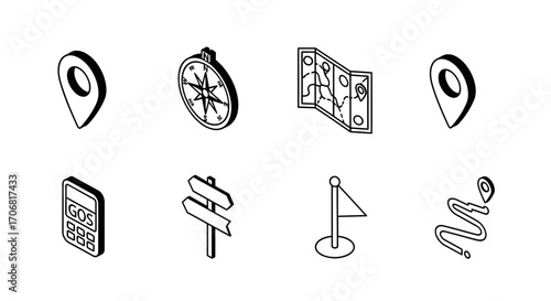 A collection of eight black and white isometric navigation icons including a compass, map, and location pin on an isolated background