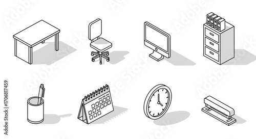 A set of eight black and white office equipment icons in an isometric line art style, featuring a desk, chair, computer, and calendar