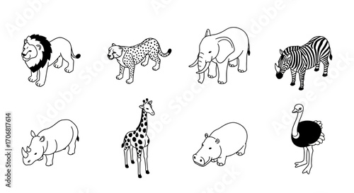 Isometric collection of eight wild African safari animals. Lion, cheetah, elephant, zebra, rhino, giraffe, hippo, and ostrich in black and white line art