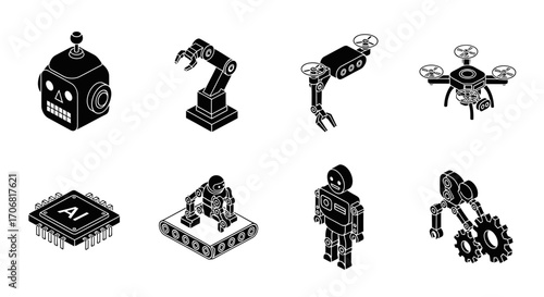 Isometric Robot Icons AI, Robotics, Automation, Technology