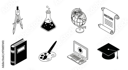 A collection of eight black and white isometric icons representing various school subjects for educational concepts and design