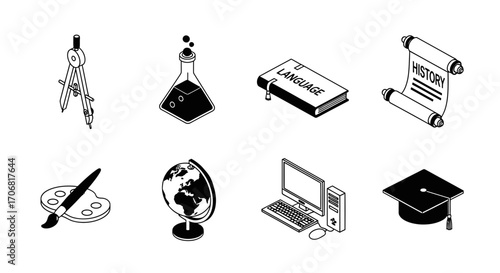A set of eight black and white isometric icons for education, depicting various school subjects for learning and academic achievement