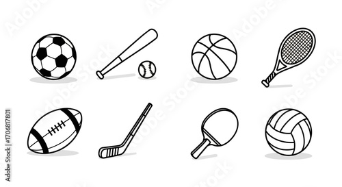 Collection of Eight Sport Icons Soccer, Baseball, Basketball, Tennis, Football, Hockey, Ping Pong, Volleyball