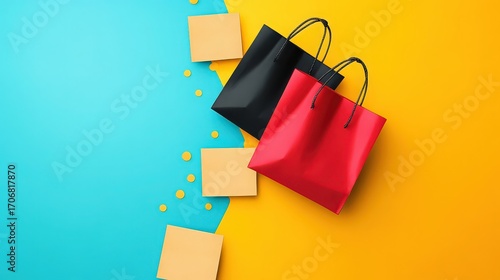 A vibrant and modern composition featuring shopping bags and blank cards on a split background of blue and yellow, perfect for retail and promotional concepts