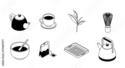 A set of eight black and white icons depicting tea ceremony elements, including a teapot, cup, and matcha whisk
