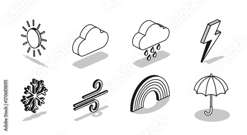 A collection of eight black and white isometric weather icons including sun, cloud, rain, lightning, snow, wind, rainbow, and umbrella