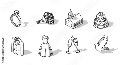 A set of eight black and white wedding icons, rings, bouquet, wedding cake, church, dress, suit, champagne glasses, dove