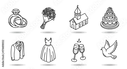 Elegant Wedding Icons Rings, Bouquet, Church, Cake, Attire, and More - Perfect for Invitations & Designs
