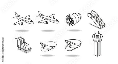 A collection of black and white isometric icons representing aviation and airport elements like airplanes, control tower, and pilot hats