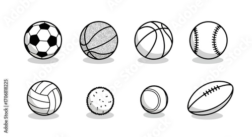 Collection of Various Sports Balls in Black and White Soccer, Basketball, Baseball, Volleyball, Golf, and Rugby