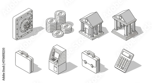 Banking Icons Vault, Coins, Bank, ATM, Briefcase, Calculator in Outline