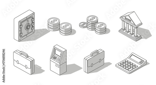 Elegant isometric line art finance icons set featuring banking, currency, secure transactions, and business tools with clean, modern outlines for economic themes