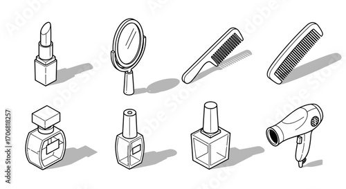Isometric Beauty Icons Makeup, Hair & Tools