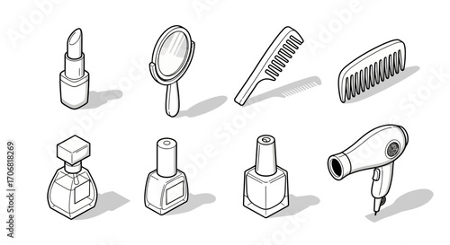 Charming Black and White Beauty Icons Lipstick, Mirror, Comb, Perfume, Nail Polish and Hair Dryer