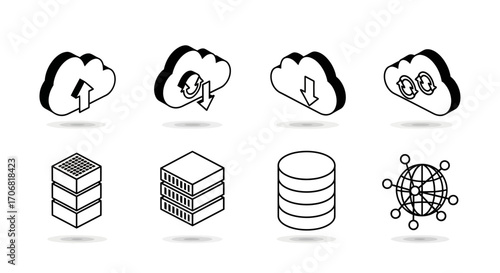 Isometric Cloud Computing and Data Storage Icons Collection Modern Digital Technology and Network Concepts Set