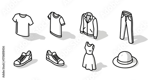 A set of eight black and white isometric fashion icons showing various clothing items like t-shirts, jacket, jeans, dress, and shoes