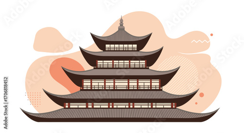 An illustration of a traditional tiered pagoda temple in East Asia.