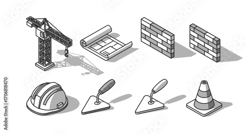 A set of six monochrome isometric icons for the construction industry, featuring a crane, blueprint, brickwork, and tools in a crisp vector line art style