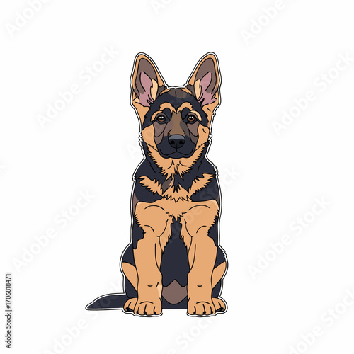 A cute german shepherd dog vector illustration sitting calmly on a plain background with a sweet expression. The dog has distinctive black and brown fur with pointed ears and a