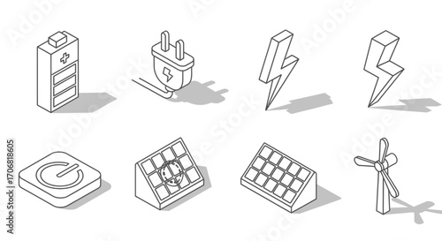 Isometric Energy Icons Battery, Plug, Lightning Bolt, Switch, Solar Panels, and Wind Turbine Illustrations