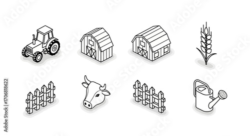 A set of eight black and white isometric farm icons including a tractor, barn, cow, wheat, fence, and watering can on a white background
